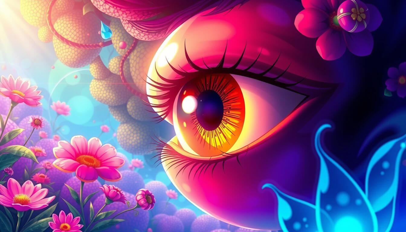 A big eye, luminous and vibrant, side view, in a floating garden, UHD resolution, illustration, vibrant colors, high contrast, fantasy style