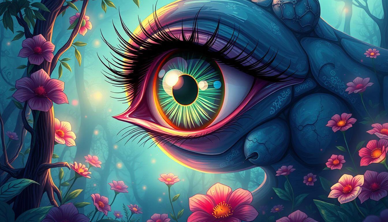 A big eye, luminous and vibrant, side view, in a floating garden, UHD resolution, illustration, vibrant colors, high contrast, fantasy style