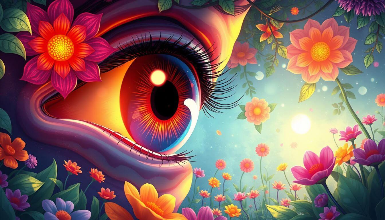 A big eye, luminous and vibrant, side view, in a floating garden, UHD resolution, illustration, vibrant colors, high contrast, fantasy style