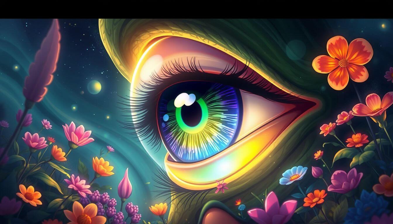 A big eye, luminous and vibrant, side view, in a floating garden, UHD resolution, illustration, vibrant colors, high contrast, fantasy style