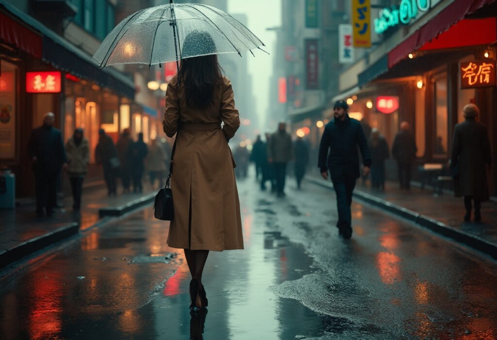 A woman in a long trench coat and heels walks along a wet city street under a transparent umbrella